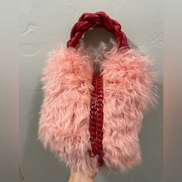 Genuine Curly Lamb Fur Handmade Leather Braided Handles Tote Bag, Crossbody - Picture 13 of 16